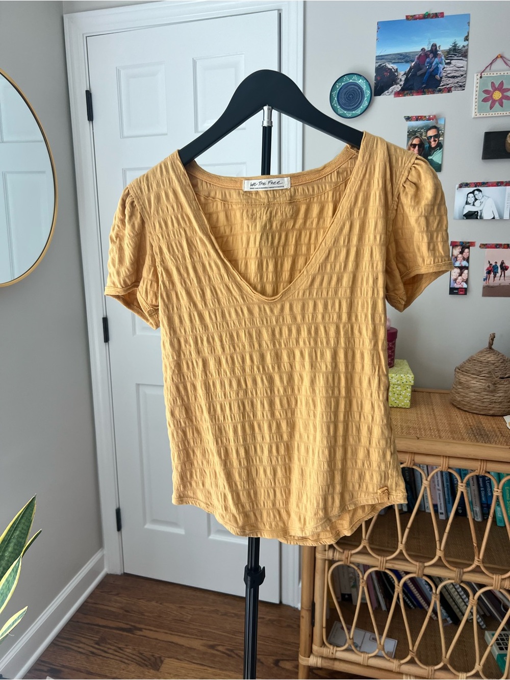 Free People Mustard Crinkle V-Neck Short Sleeve Tee